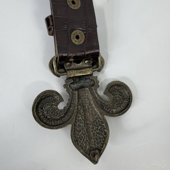 LeatherRock Croc Pattern Leather Belt Rhinestone/Stud Fleur-De-Lis Buckle 32" - Picture 4 of 10